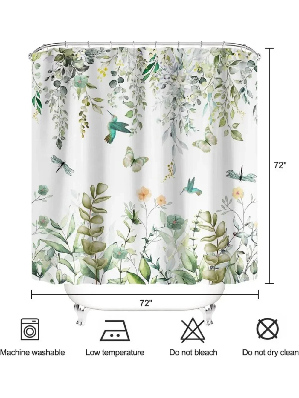 Botanical Shower Curtain - Sage Green Eucalyptus Leaves & Birds, Waterproof